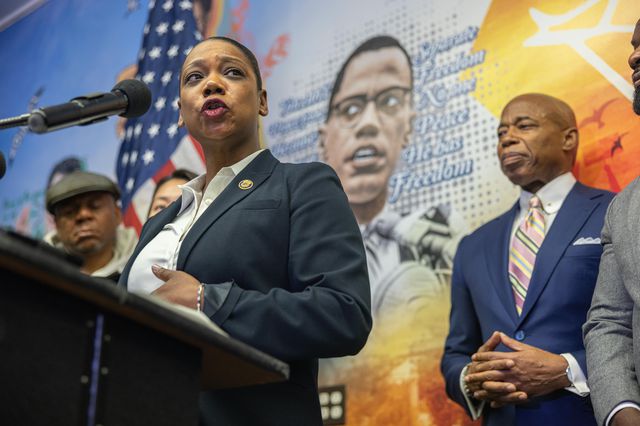 Photographs of Eric Adams and Keechant Sewell at his announcement of her as his NYPD commissioner pick
